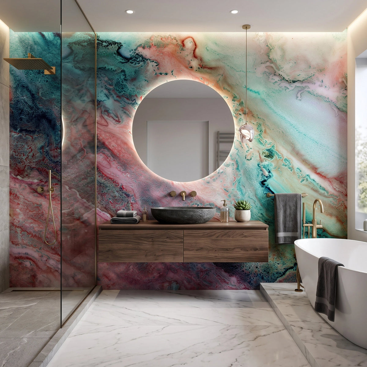 Coral & Teal Agate Wallpaper Mural – Bathroom