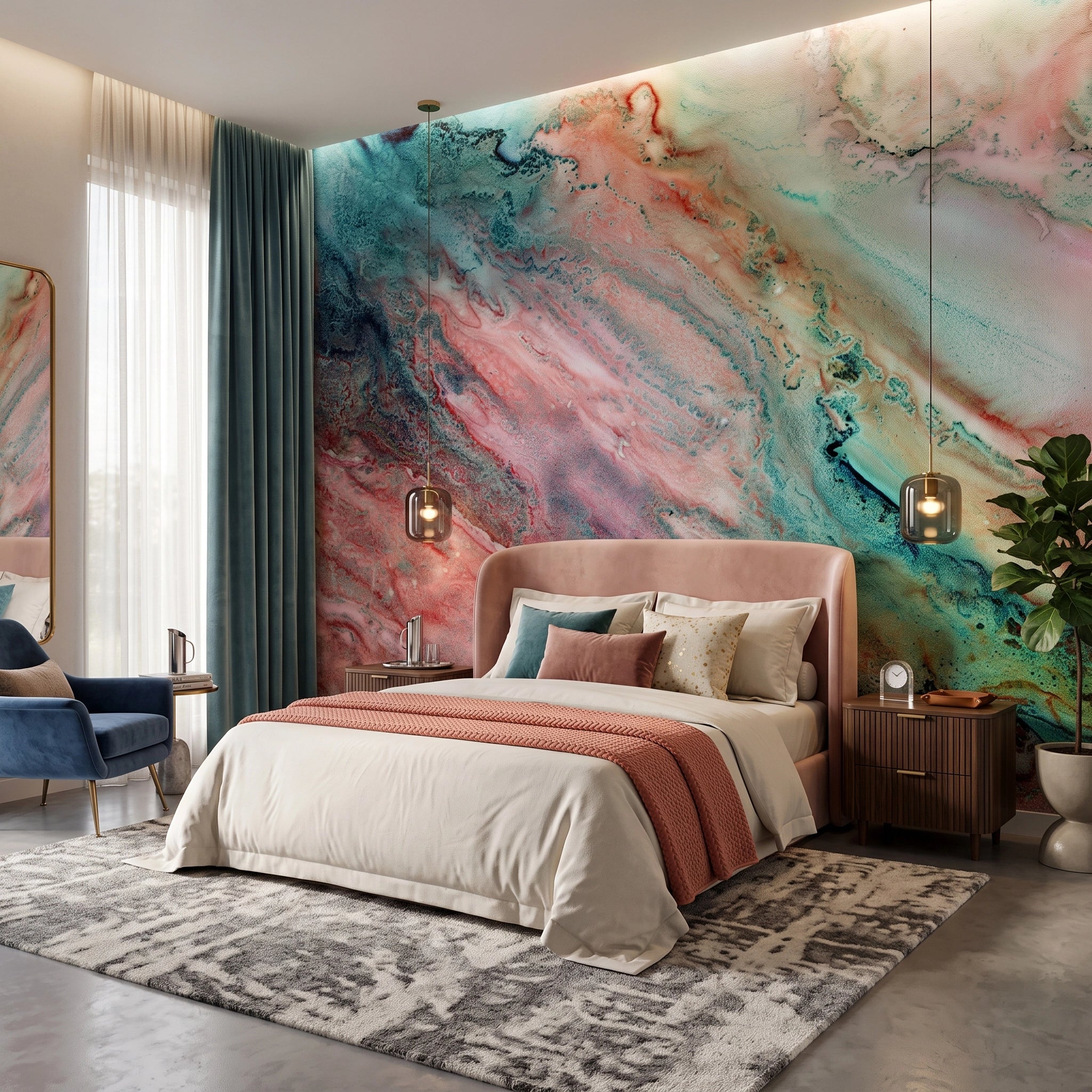 Coral & Teal Agate Wallpaper Mural – Bedroom