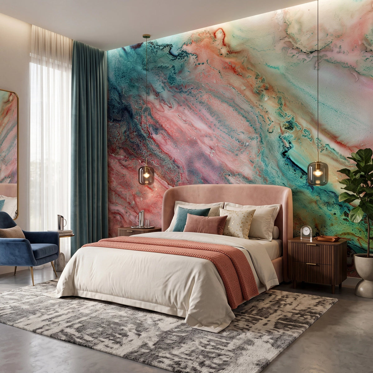 Coral & Teal Agate Wallpaper Mural – Bedroom