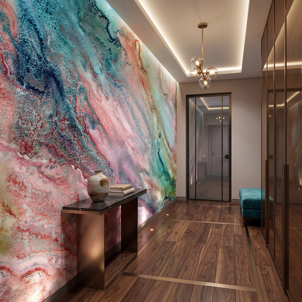 Coral & Teal Agate Wallpaper Mural – Hallway