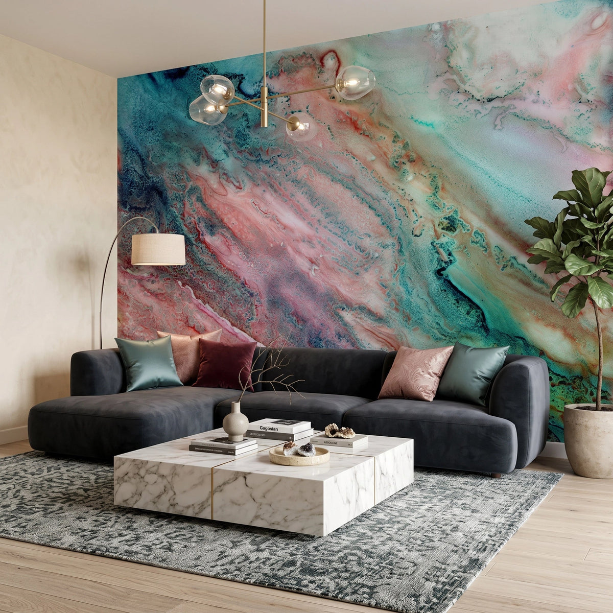 Coral & Teal Agate Wallpaper Mural – Living Room