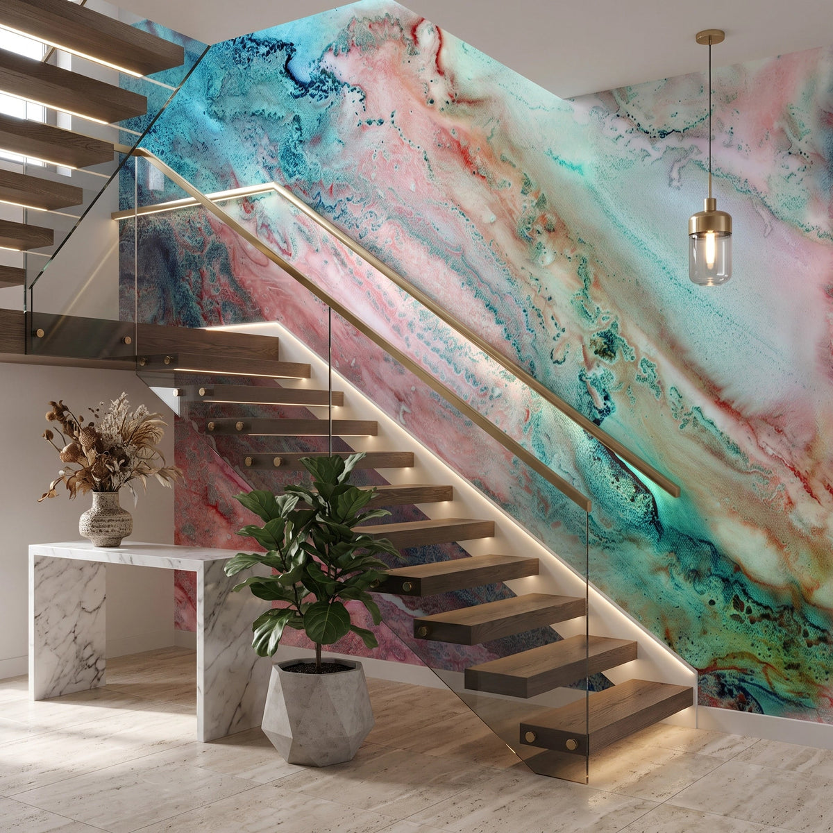 Coral & Teal Agate Wallpaper Mural – Staircase