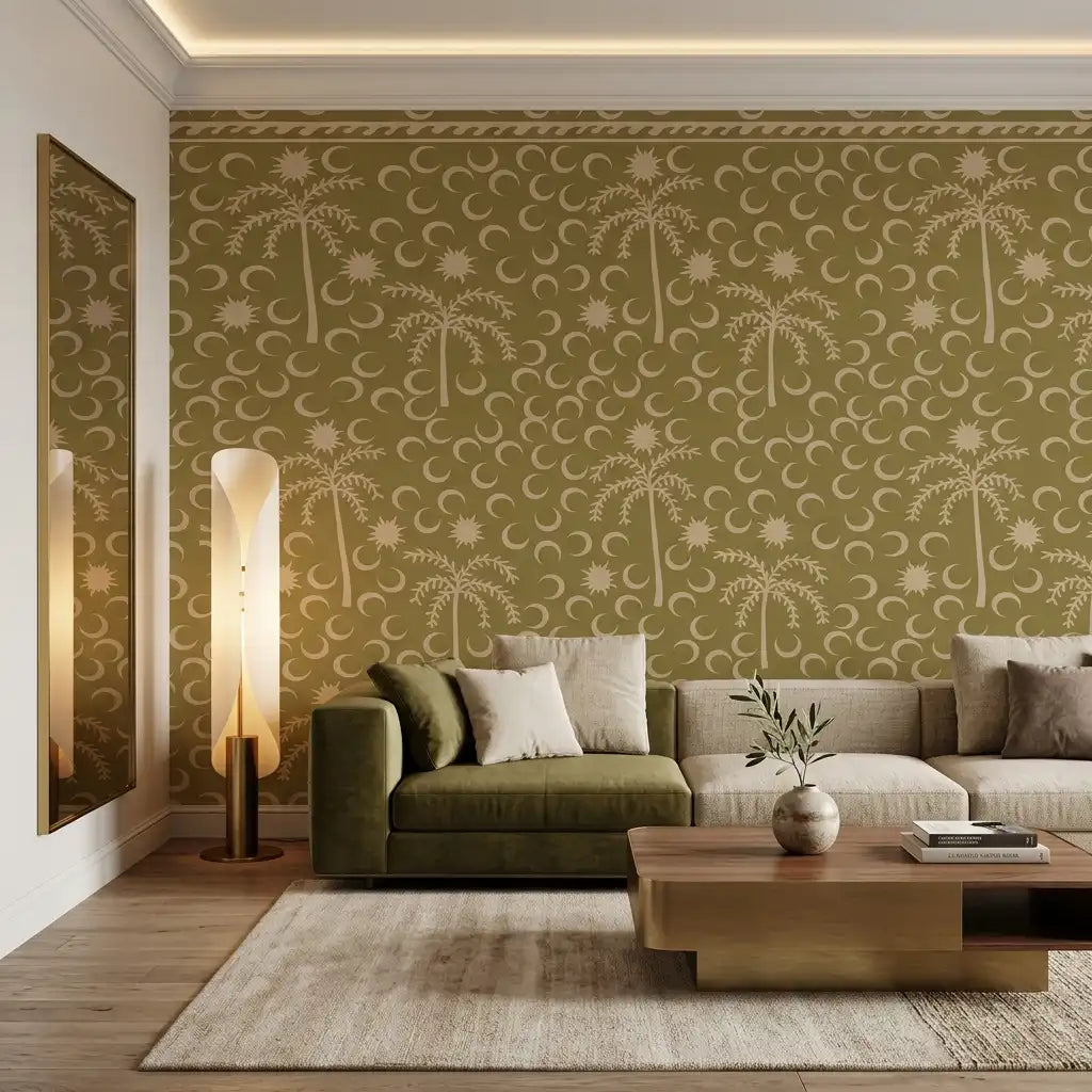Desert Palms & Crescent Moon Wallpaper – Antique Olive