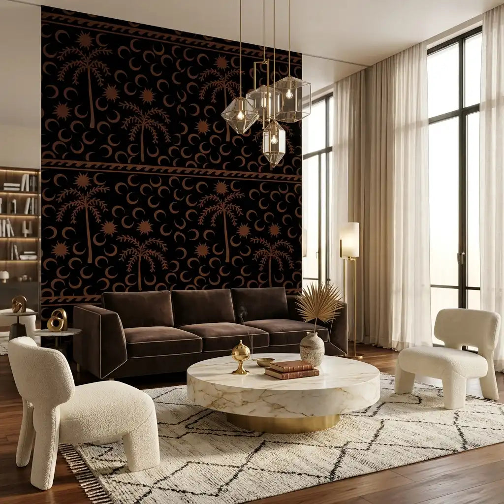 Desert Palms & Crescent Moon Wallpaper – Black Cocoa