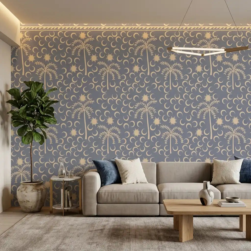 Desert Palms & Crescent Moon Wallpaper – Dusk Grey