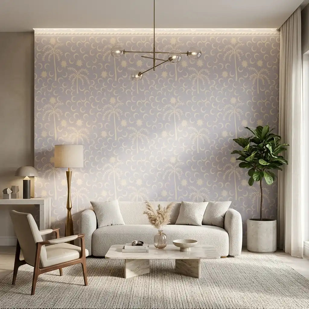 Desert Palms & Crescent Moon Wallpaper – Lavender Mist