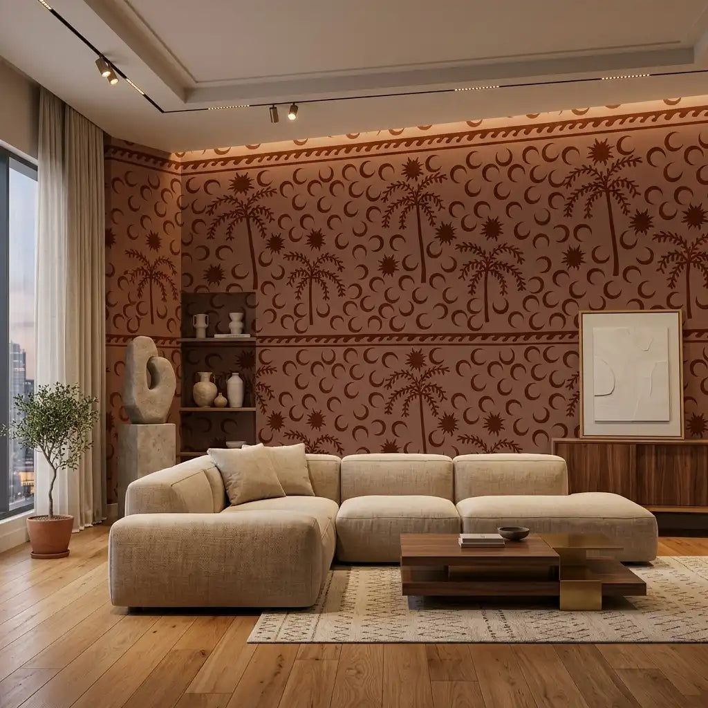 Desert Palms & Crescent Moon Wallpaper – Mahogany