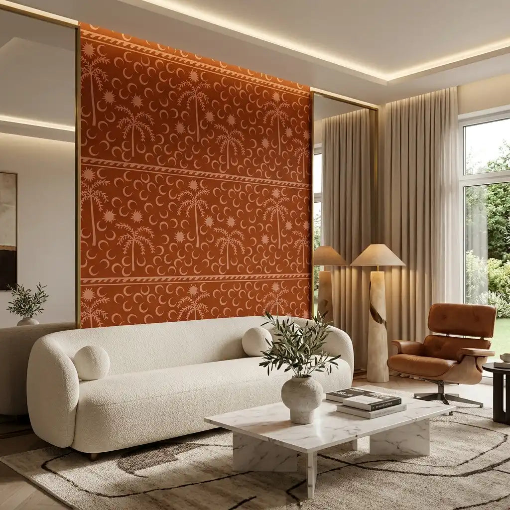 Desert Palms & Crescent Moon Wallpaper – Rust Clay