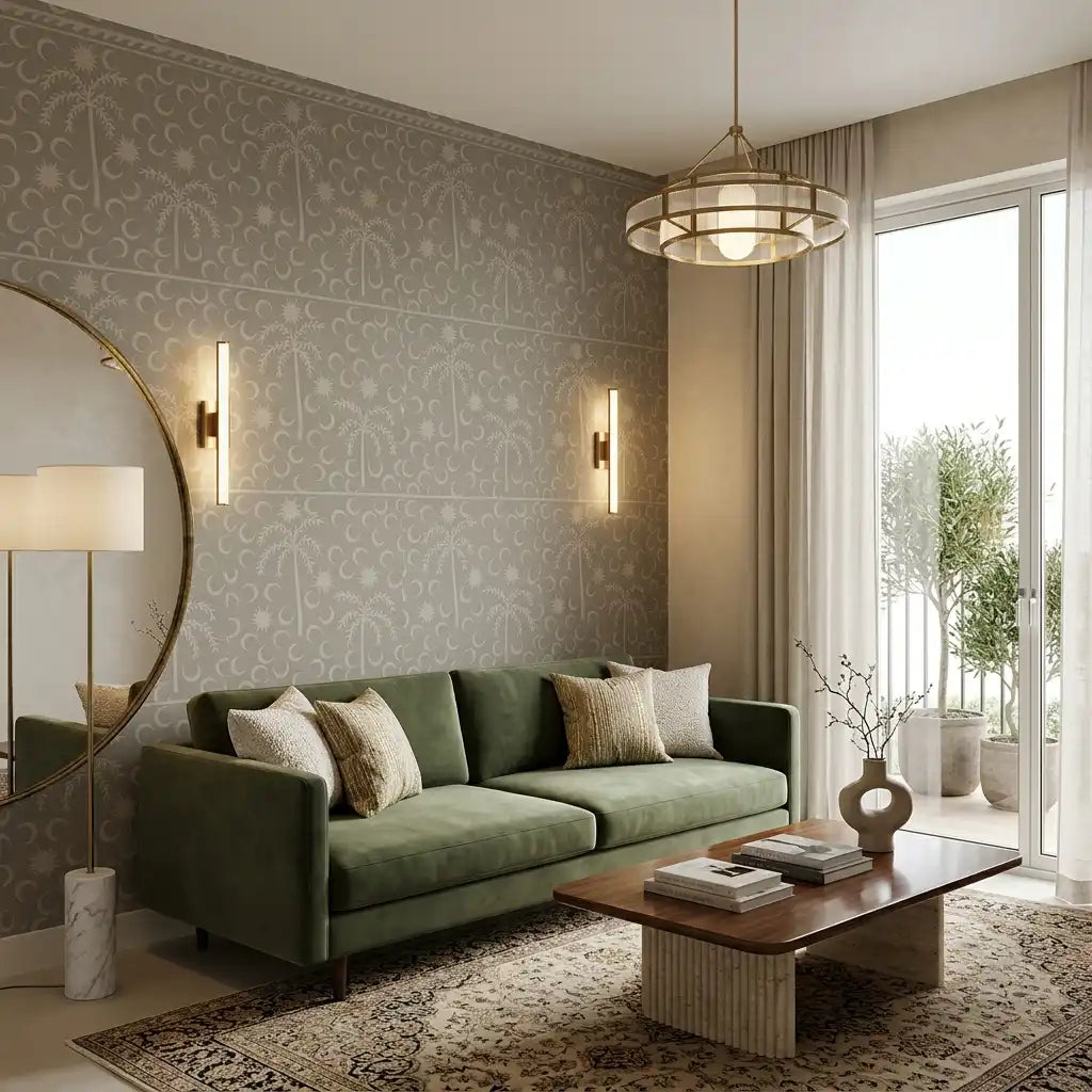 Desert Palms & Crescent Moon Wallpaper – Stone Taupe