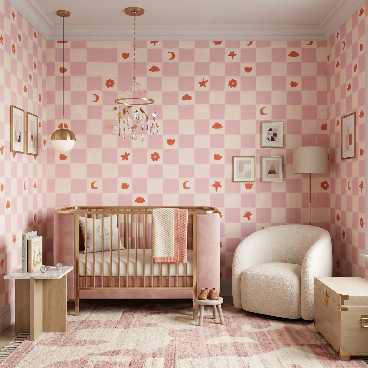 Dreamy Checkerboard Kids Wallpaper – Cotton Candy Coral