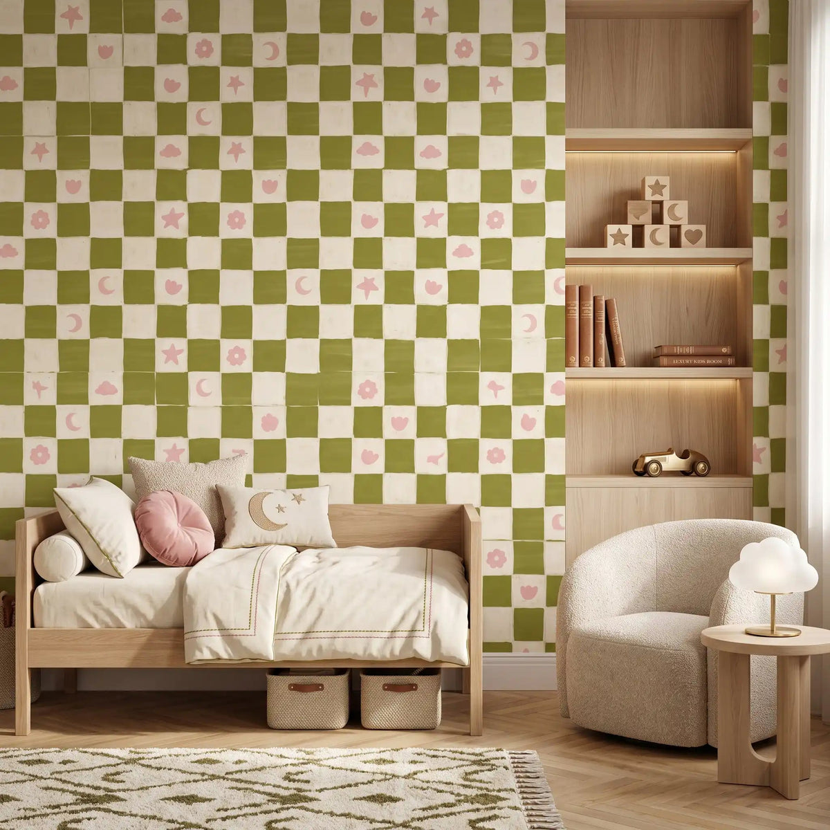 Dreamy Checkerboard Kids Wallpaper – Matcha Pink