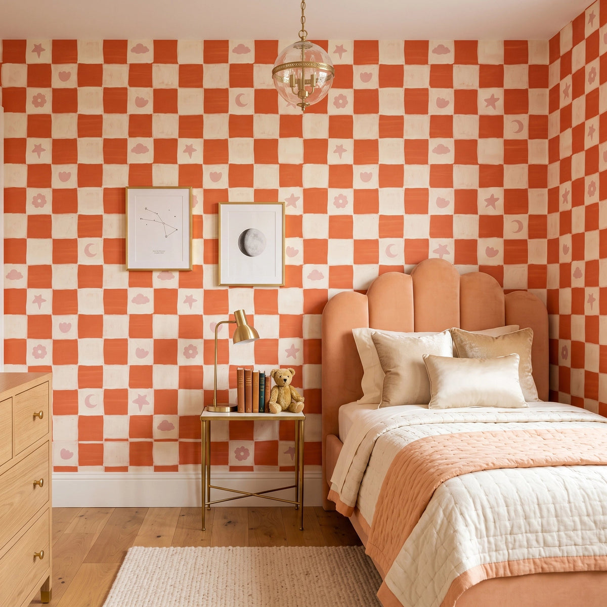 Dreamy Checkerboard Kids Wallpaper – Tangerine Blush