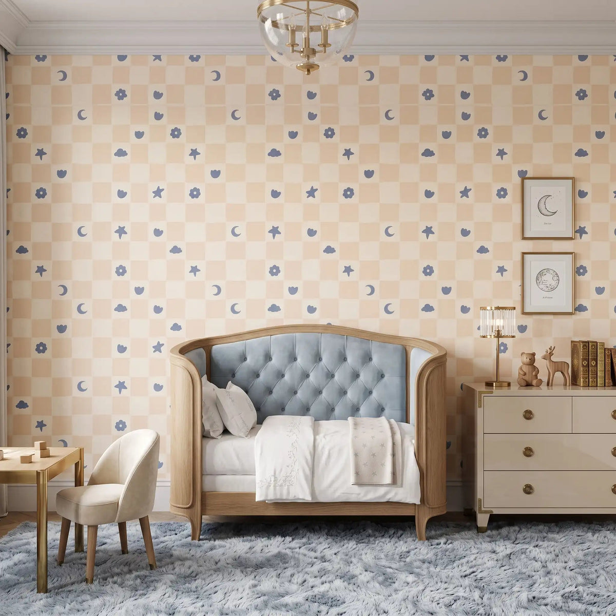 Dreamy Checkerboard Kids Wallpaper – Vanilla Periwinkle