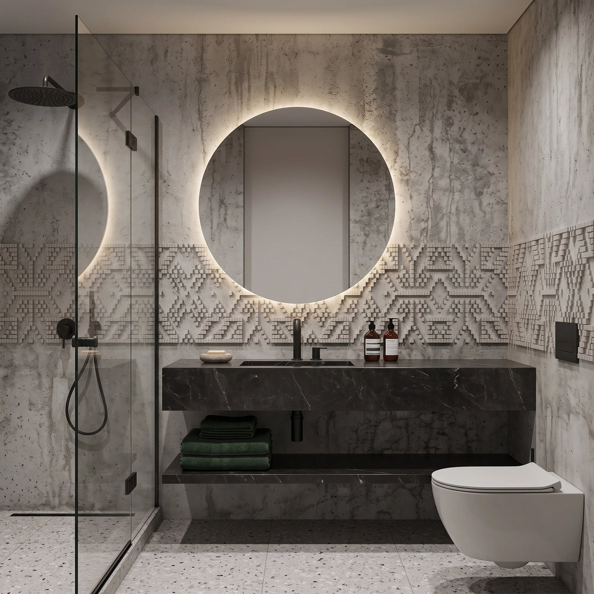 Embossed Kilim Band Plaster Wallpaper Mural – Bathroom