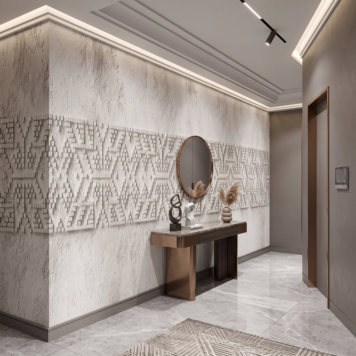 Embossed Kilim Band Plaster Wallpaper Mural – Hallway