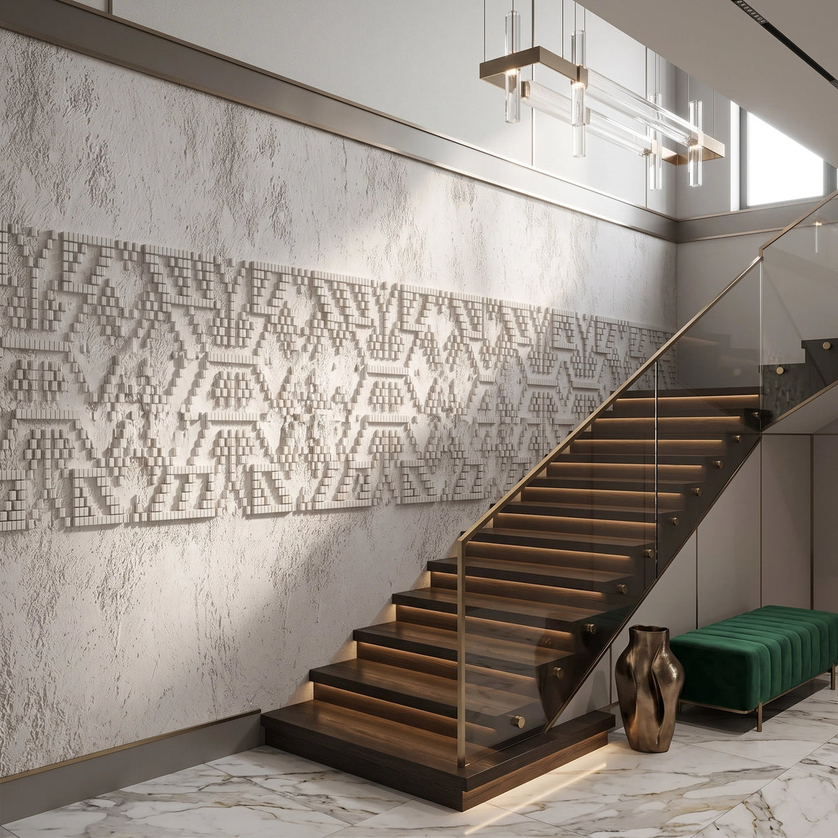 Embossed Kilim Band Plaster Wallpaper Mural – Staircase