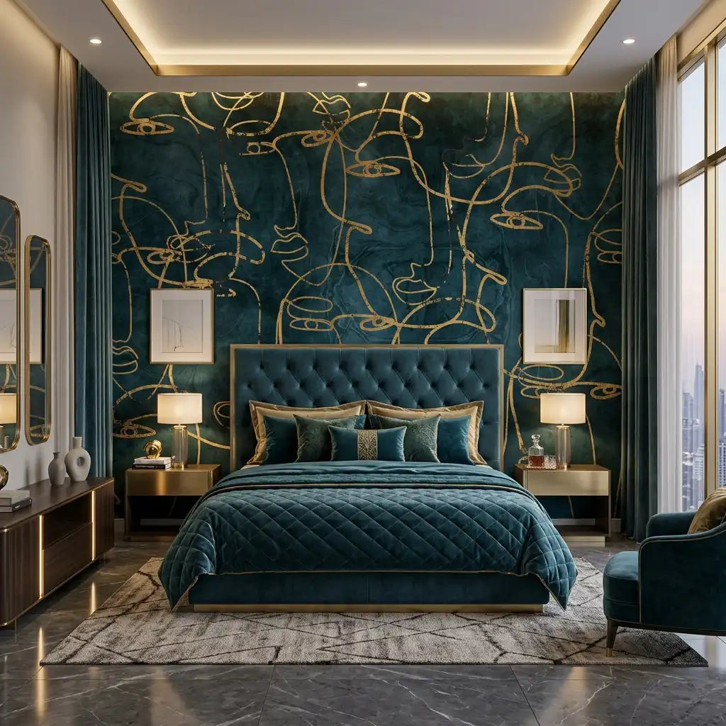 Emerald Gold Line Wallpaper Mural – Bedroom