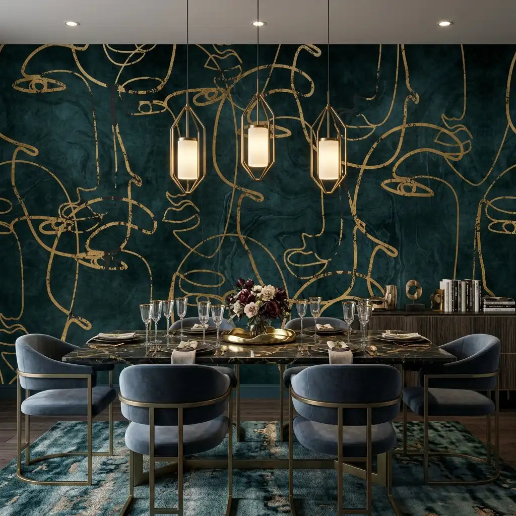 Emerald Gold Line Wallpaper Mural – Dining Room