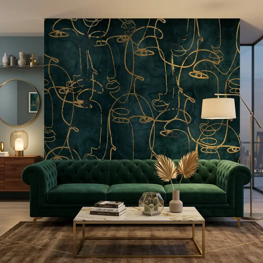 Emerald Gold Line Wallpaper Mural – Living Room