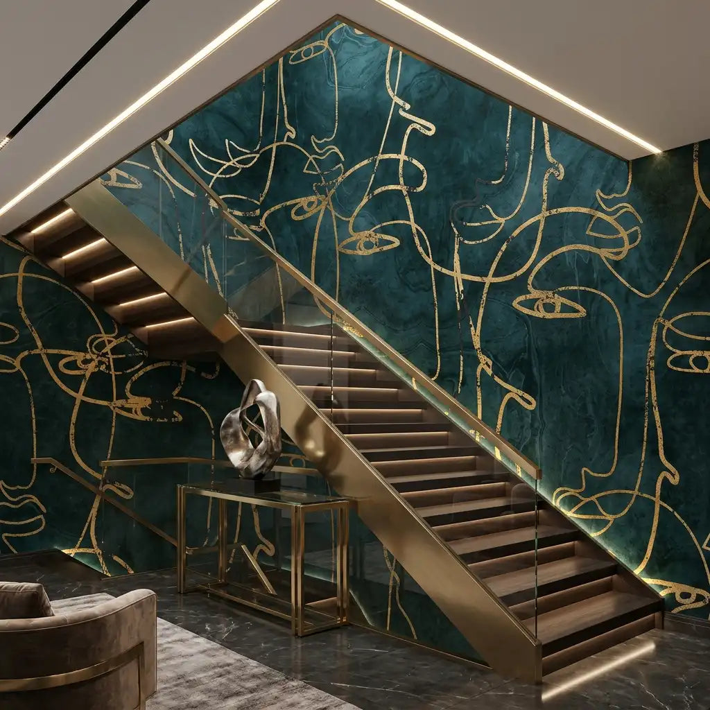 Emerald Gold Line Wallpaper Mural – Staircase
