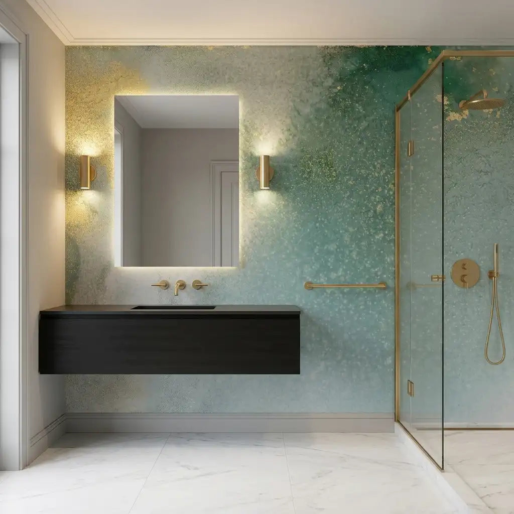 Emerald & Gold Watercolor Wallpaper Mural – Bathroom