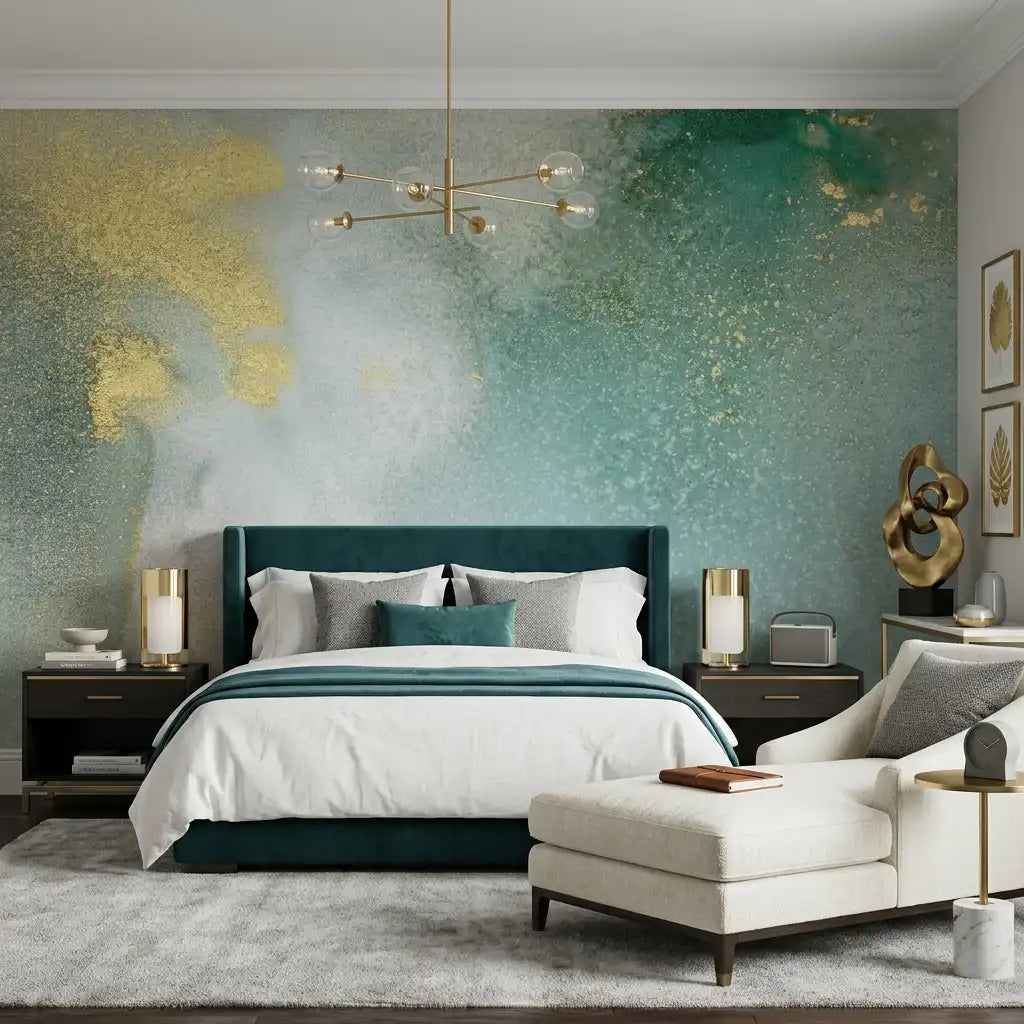Emerald & Gold Watercolor Wallpaper Mural – Bedroom