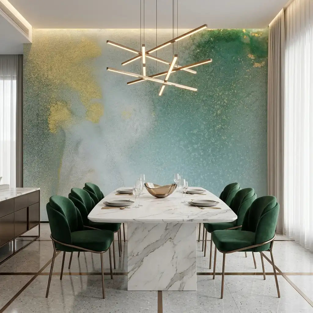 Emerald & Gold Watercolor Wallpaper Mural – Dining Room