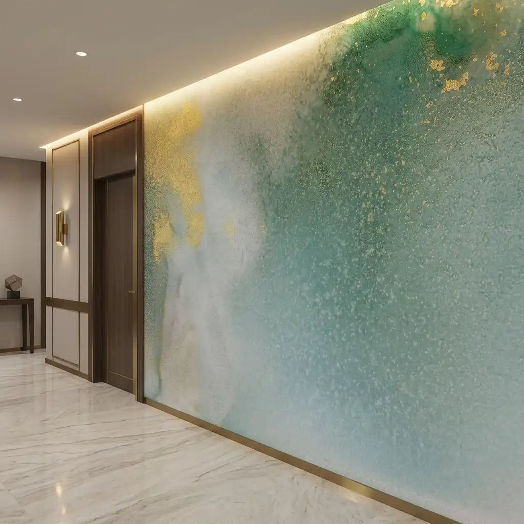 Emerald & Gold Watercolor Wallpaper Mural – Hallway