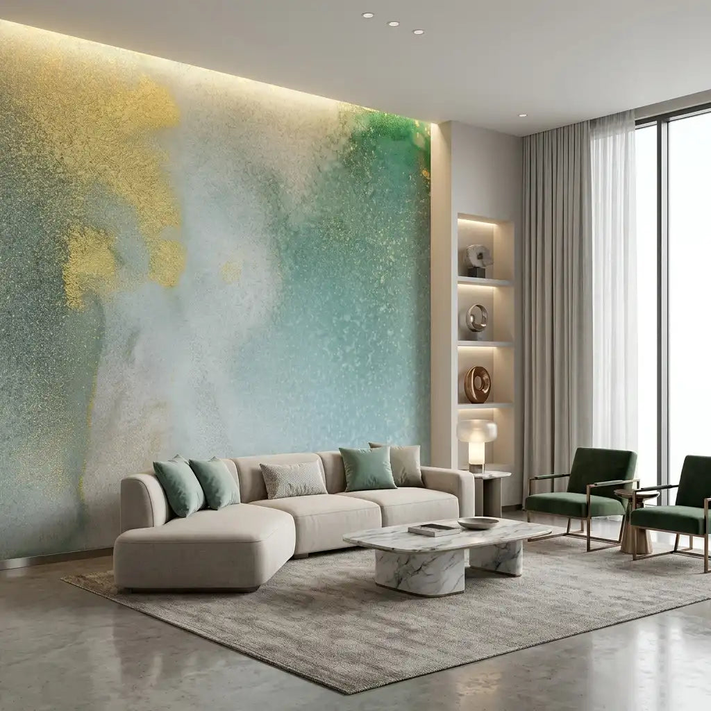 Emerald & Gold Watercolor Wallpaper Mural – Living Room