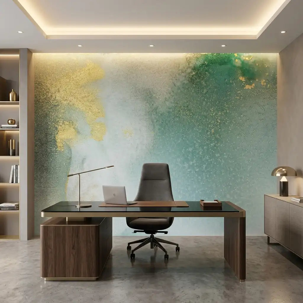 Emerald & Gold Watercolor Wallpaper Mural – Office