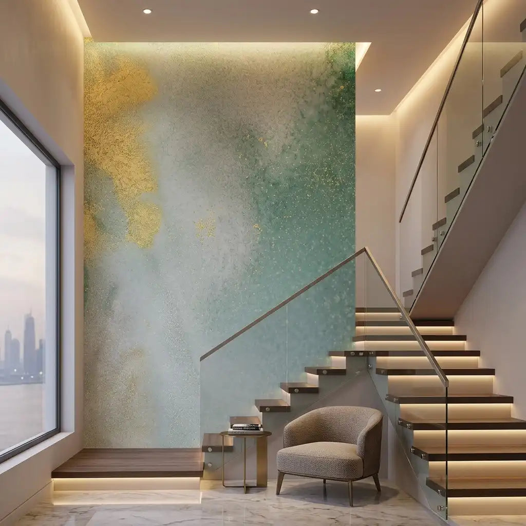 Emerald & Gold Watercolor Wallpaper Mural – Staircase