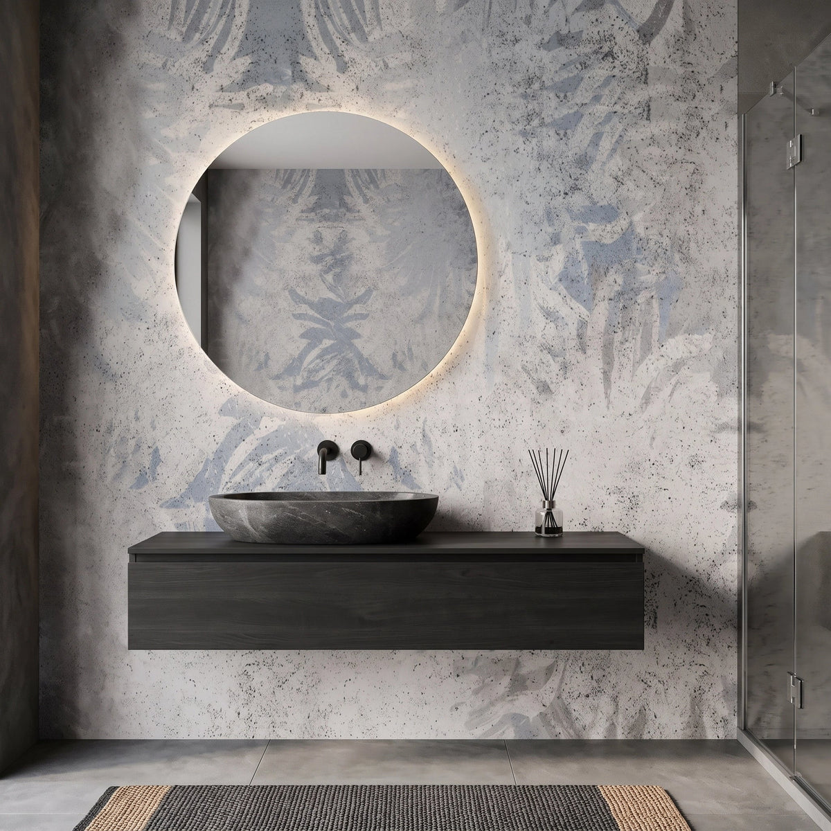 Faded Blue Damask Wallpaper Mural – Bathroom