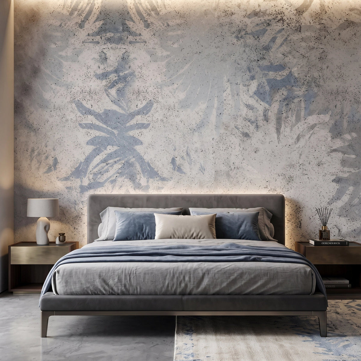 Faded Blue Damask Wallpaper Mural – Bedroom