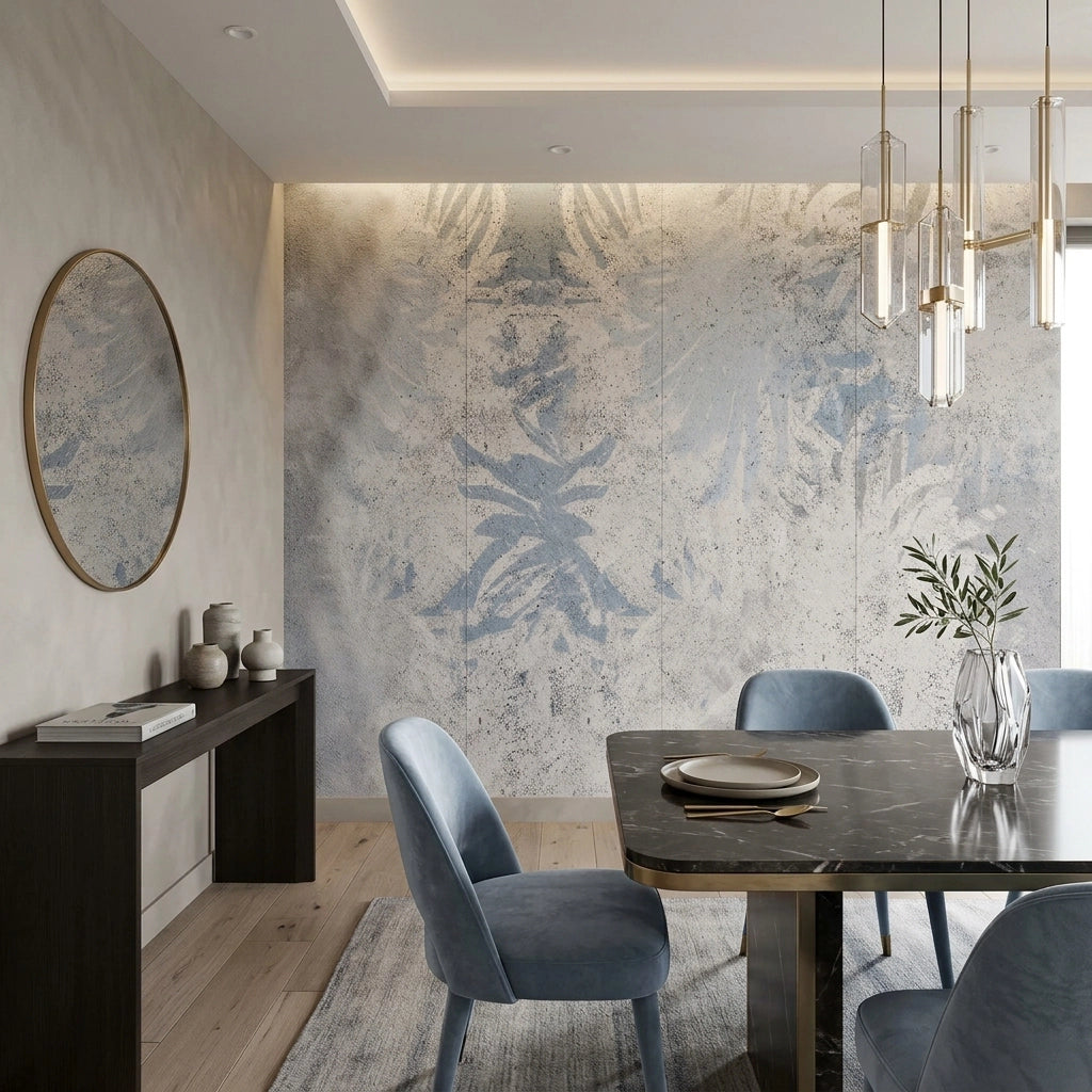 Faded Blue Damask Wallpaper Mural – Dining Room