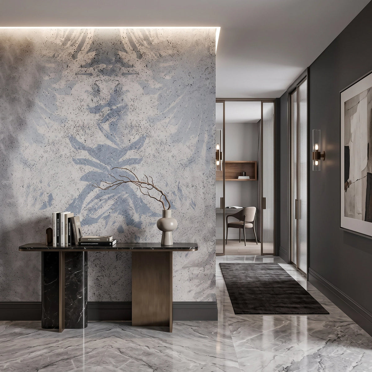 Faded Blue Damask Wallpaper Mural – Hallway