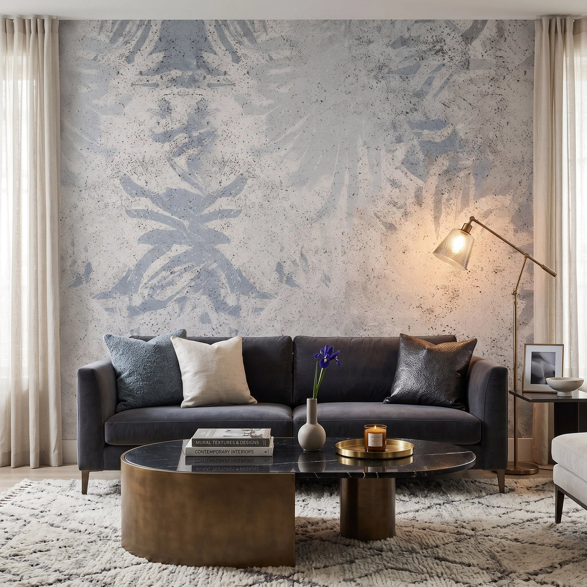 Faded Blue Damask Wallpaper Mural – Living Room