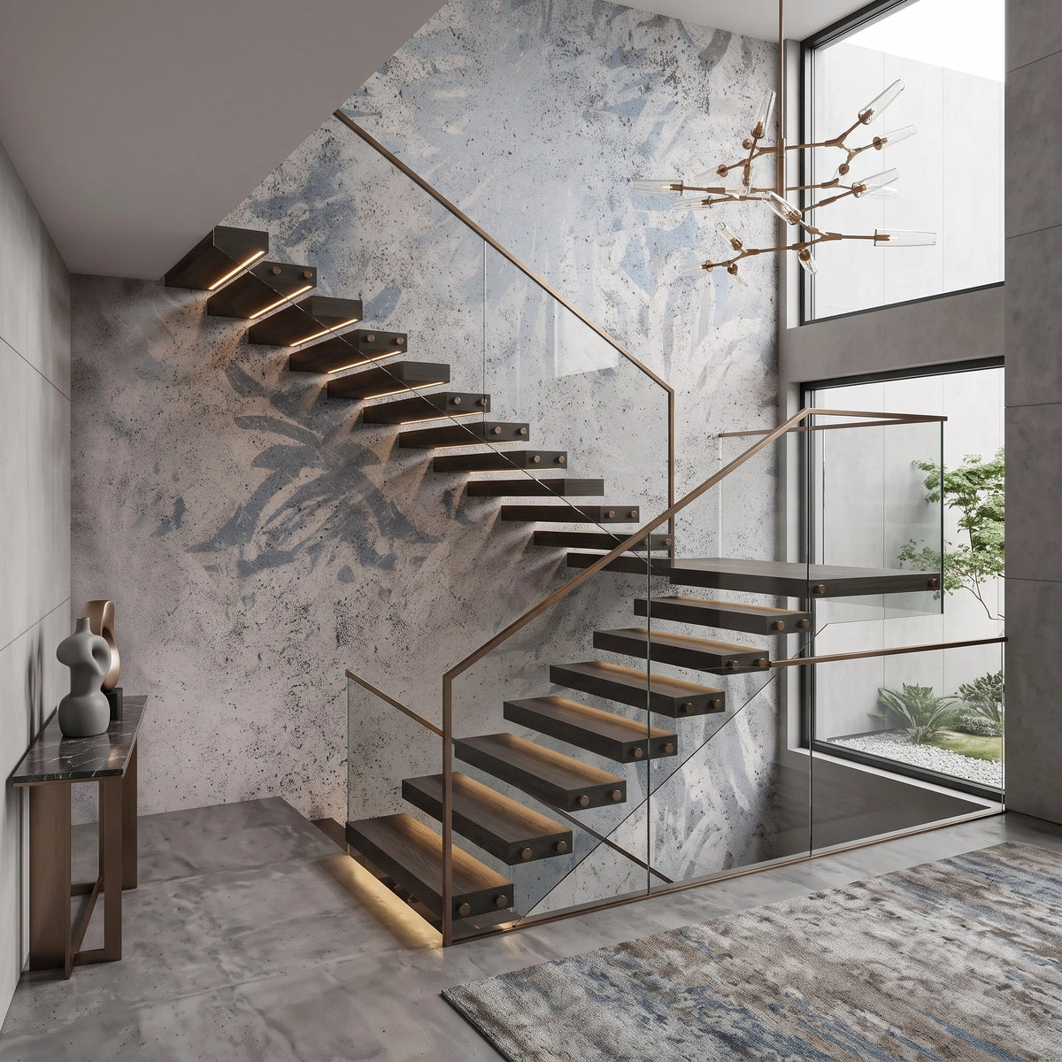 Faded Blue Damask Wallpaper Mural – Staircase