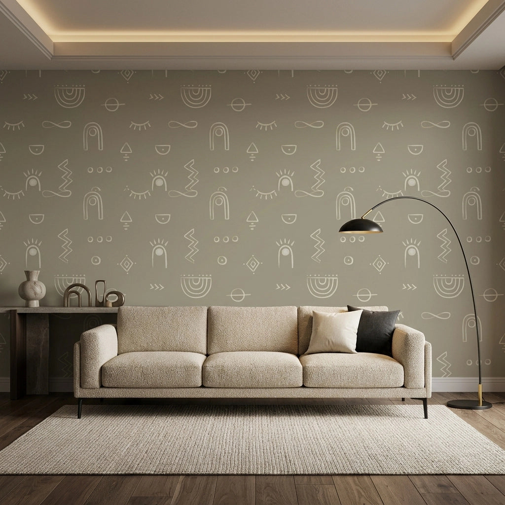 Faint Doodle Sketch Wallpaper – Sage Taupe room