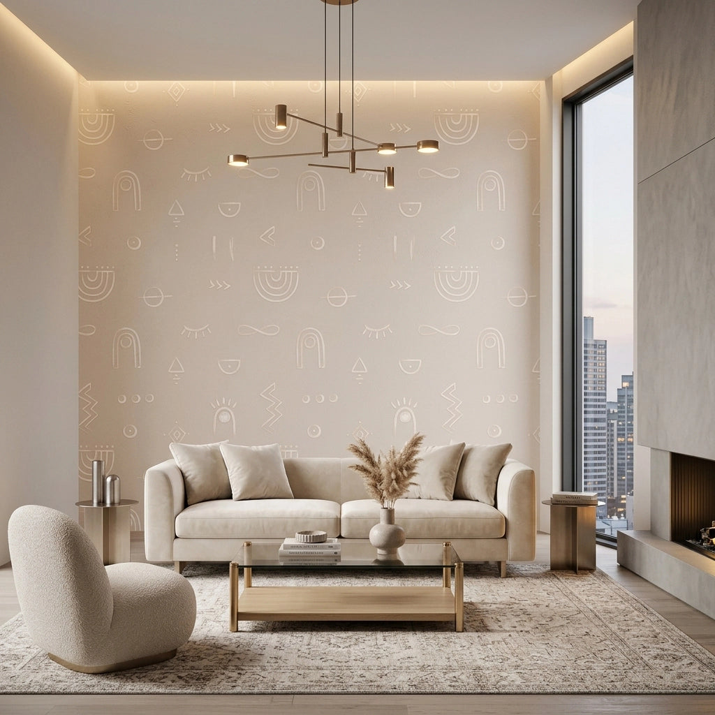 Faint Doodle Sketch Wallpaper – Sandstone Beige room