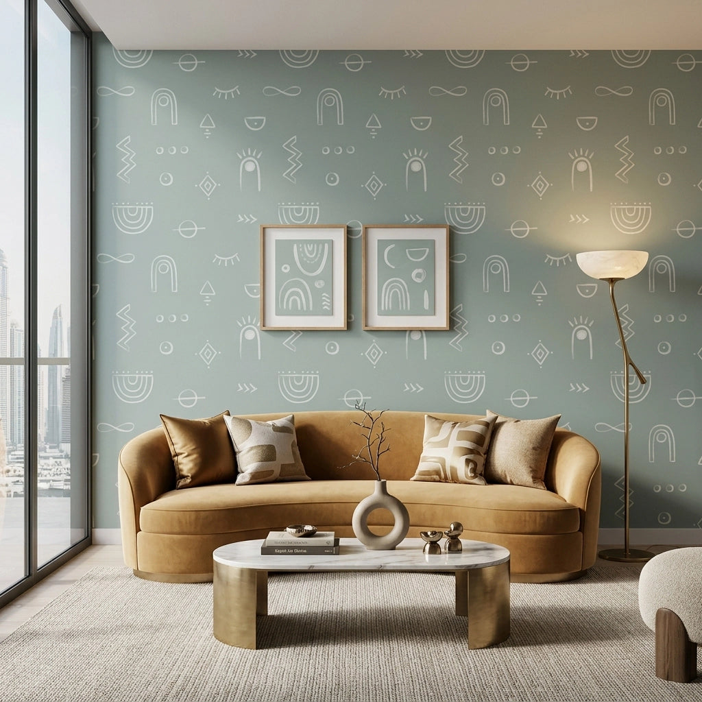 Faint Doodle Sketch Wallpaper – Seafoam Grey room