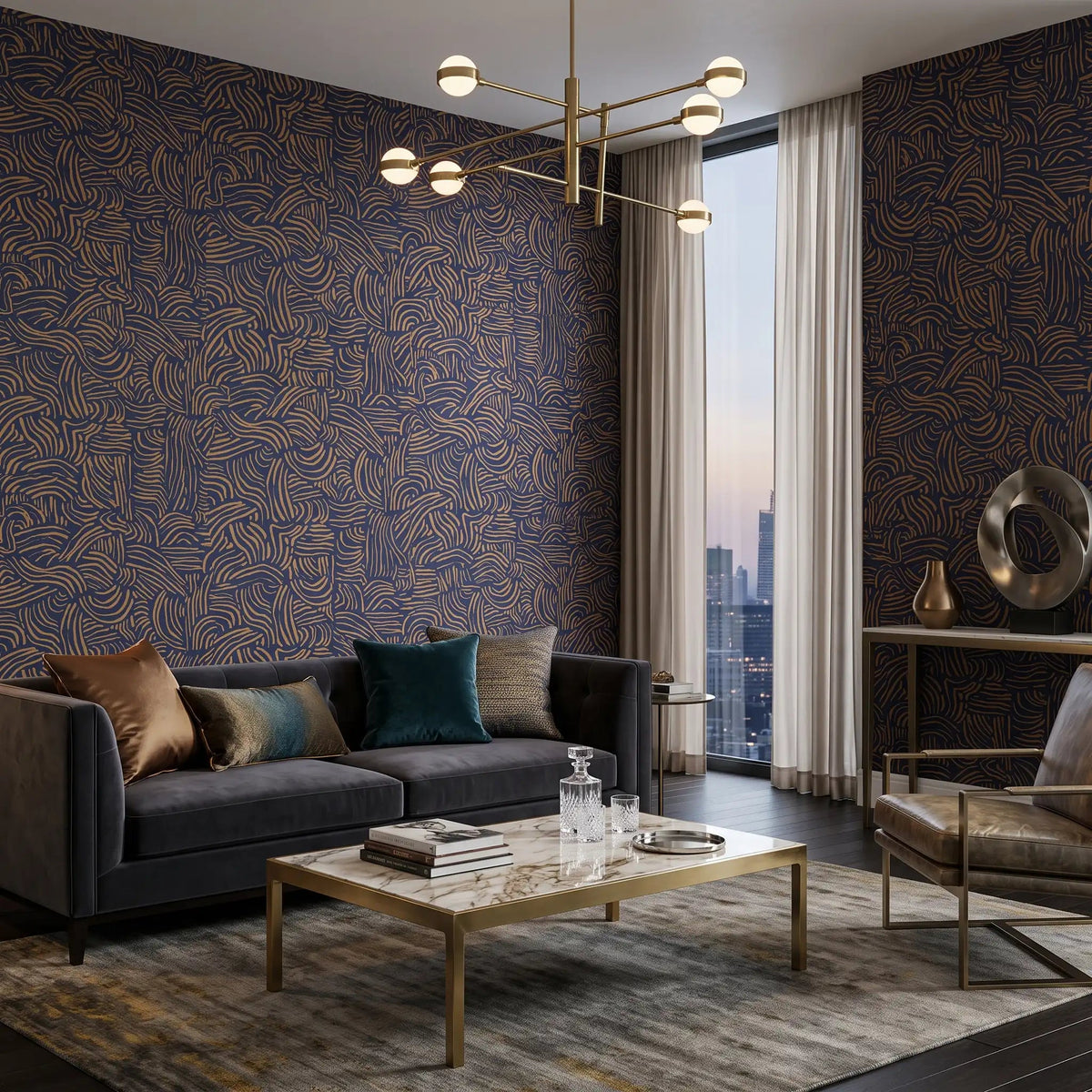 Flowing Lines Abstract Wallpaper – Midnight Bronze
