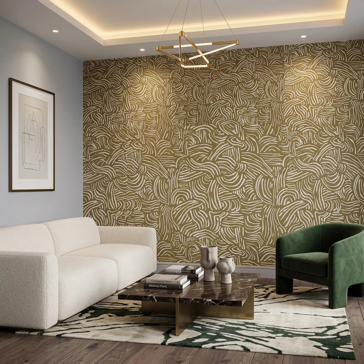 Flowing Lines Abstract Wallpaper – Olive Pearl