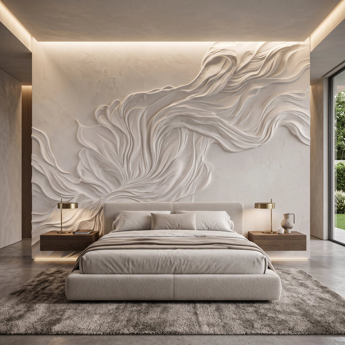 Flowing White Plaster Relief Wallpaper Mural – Bedroom