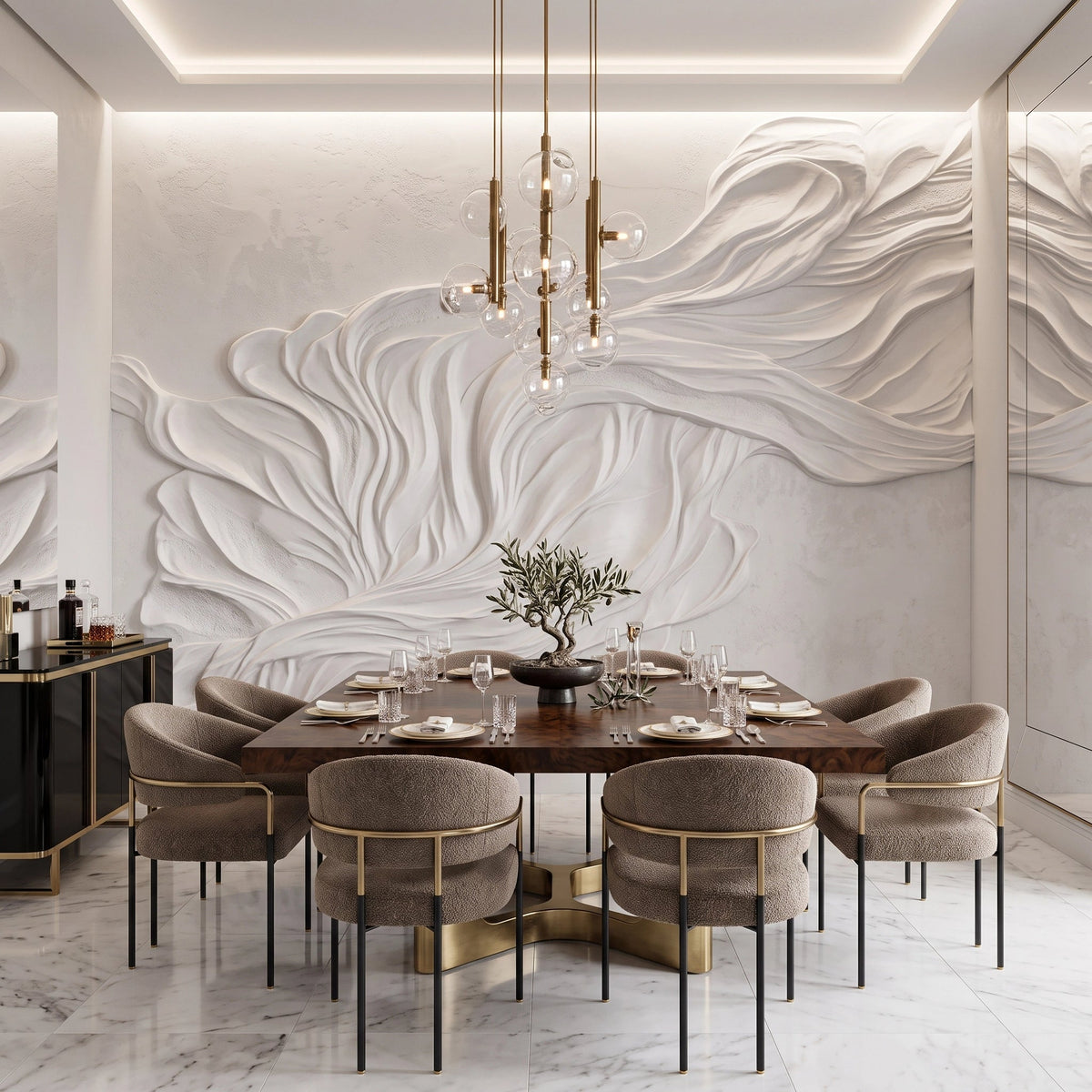 Flowing White Plaster Relief Wallpaper Mural – Dining Room
