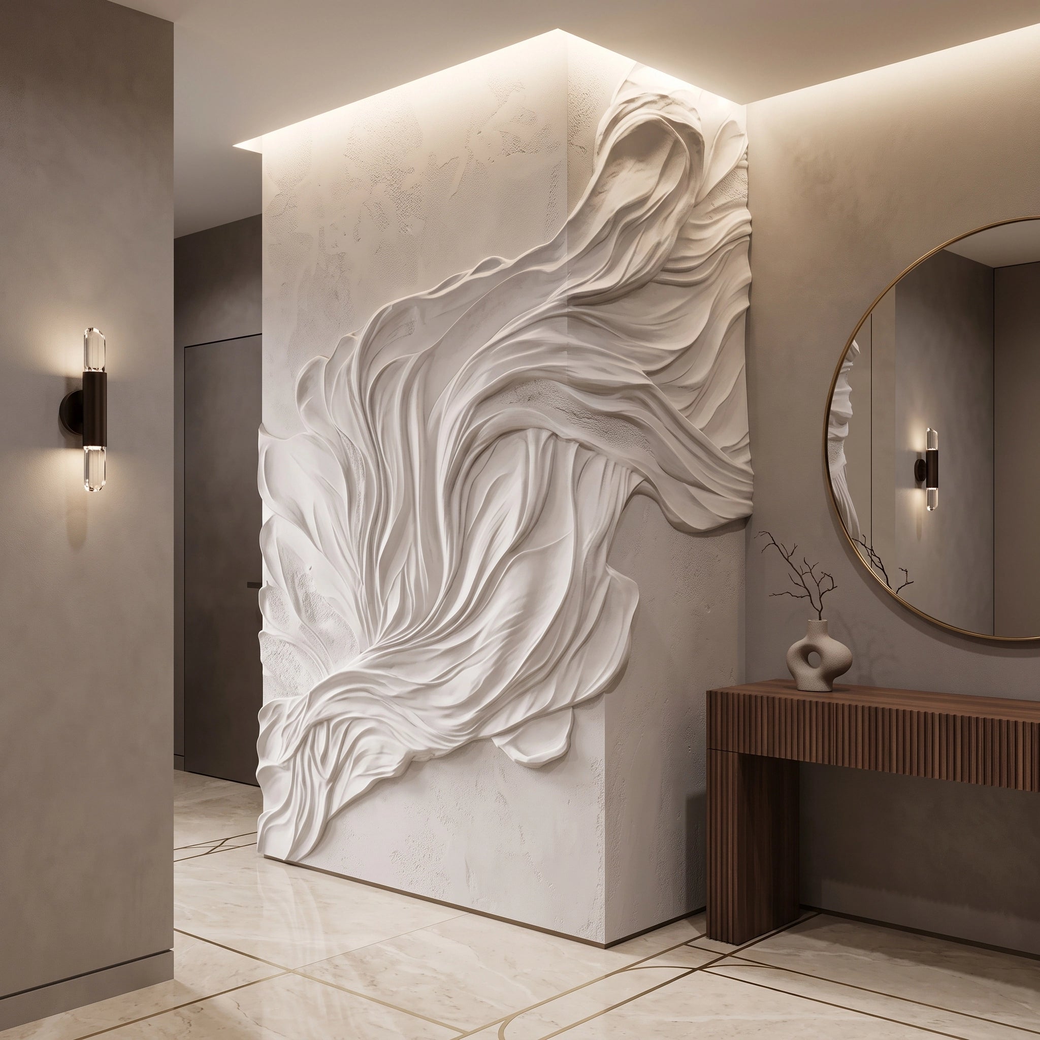 Flowing White Plaster Relief Wallpaper Mural – Hallway