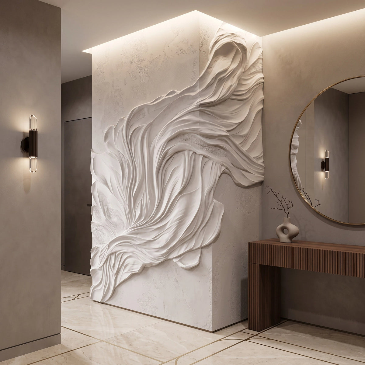 Flowing White Plaster Relief Wallpaper Mural – Hallway