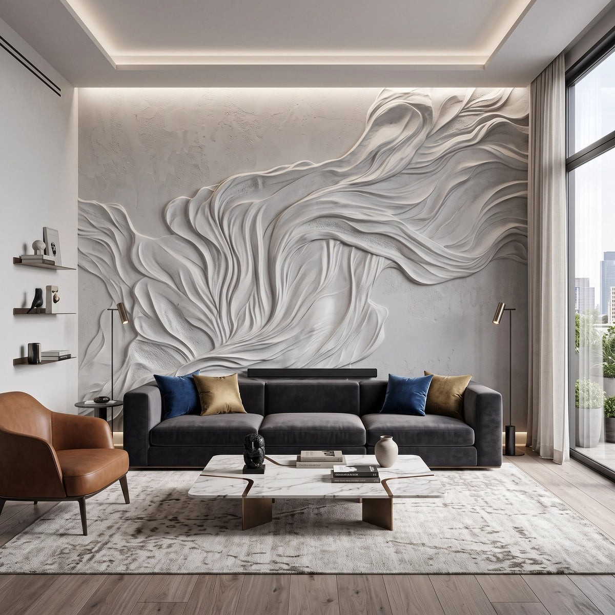 Flowing White Plaster Relief Wallpaper Mural – Living Room
