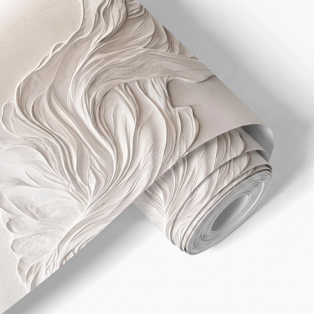 Flowing White Plaster Relief Wallpaper Mural – Material Closeup