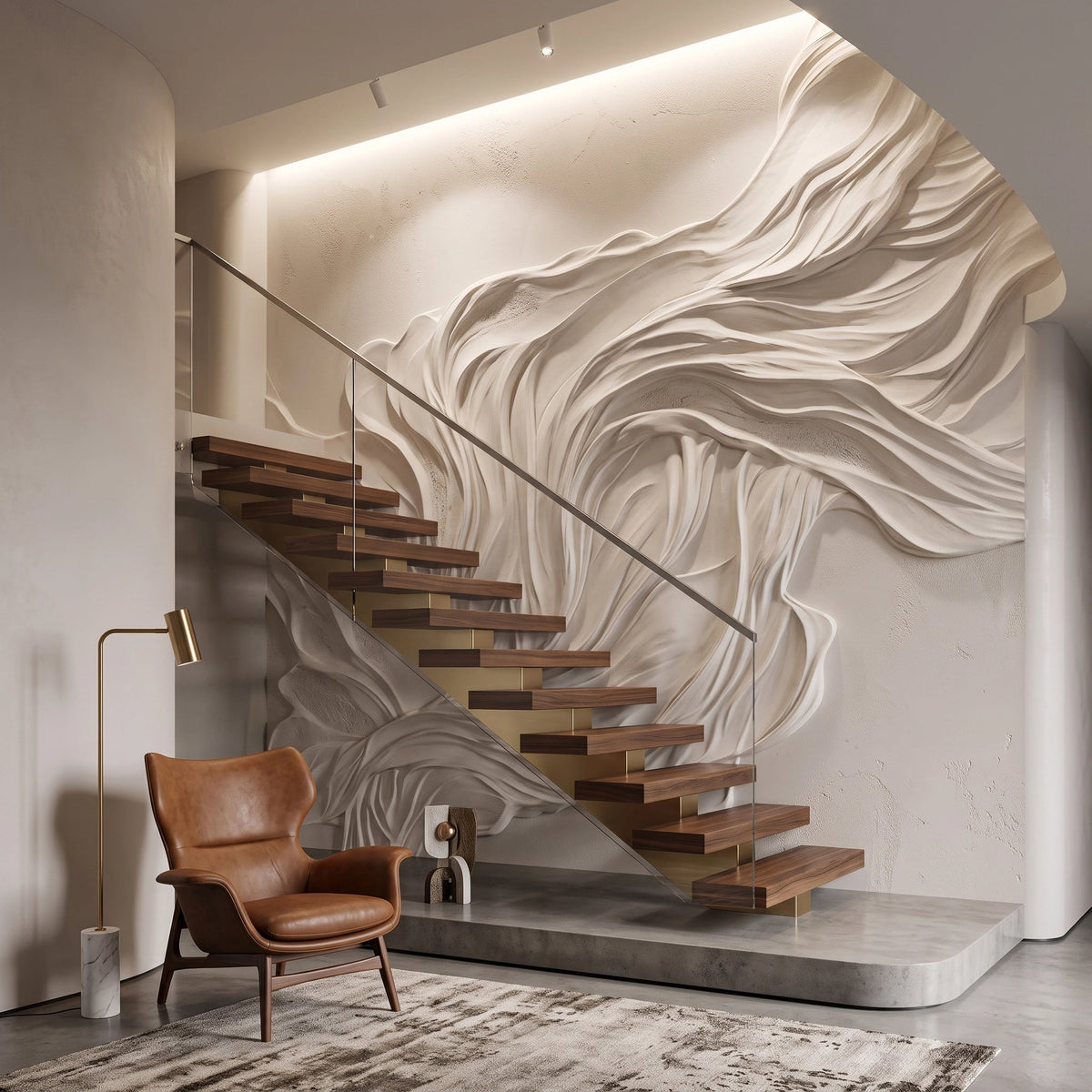 Flowing White Plaster Relief Wallpaper Mural – Staircase
