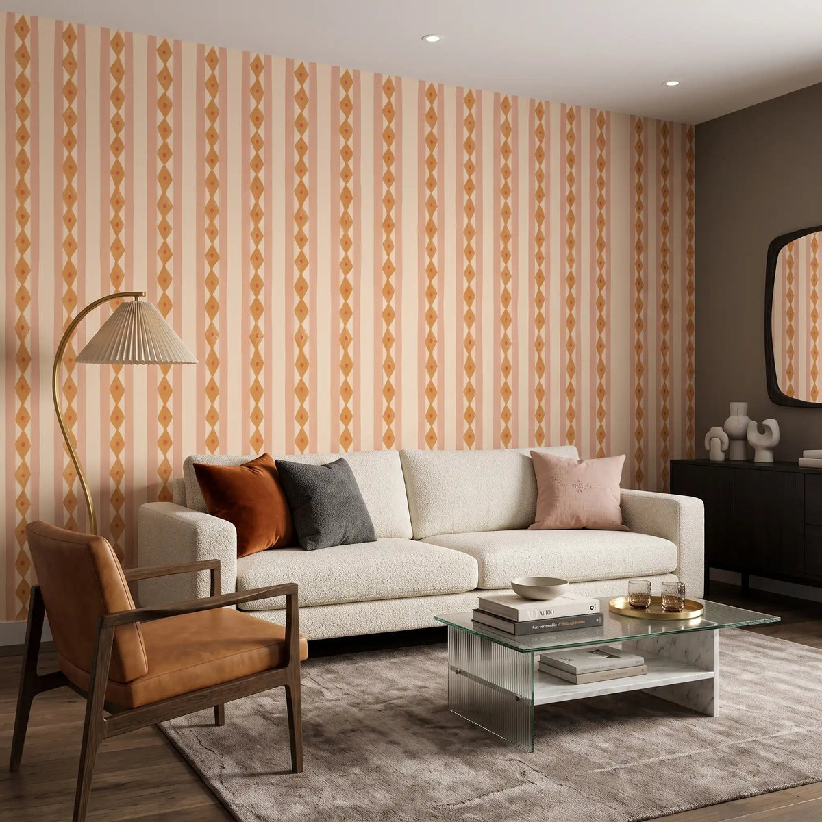 Folk Diamond Stripe Wallpaper – Peach Blossom
